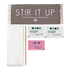 Amenity Services Stir It Up Recyclable Wrapped Condiment Package Double Sugar, Pink Sweetner, Wood Stirrer, Single Napkin 500 Per Case Price Per Case